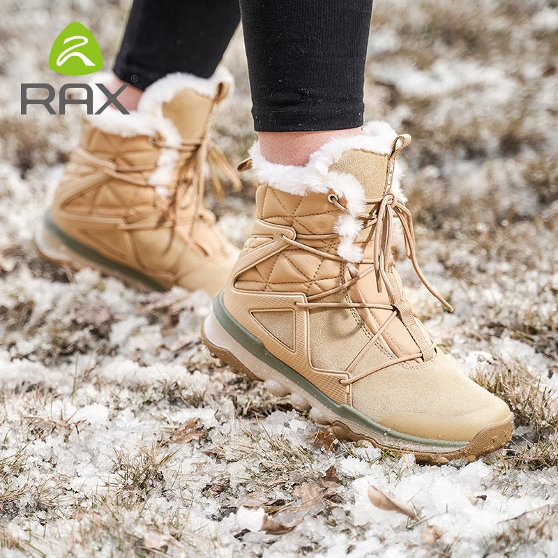 Rax Women Winter Snow Boots Genuine Leather Fluff Mountain Hiking Boots Trekking Shoes Fleece Warm Sports Sneakers Walking Boots