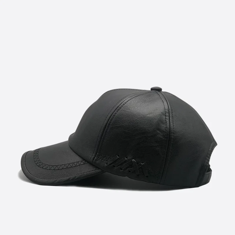 Classic baseball cap pu cap men's retro peaked cap college hiphop black cap breathable