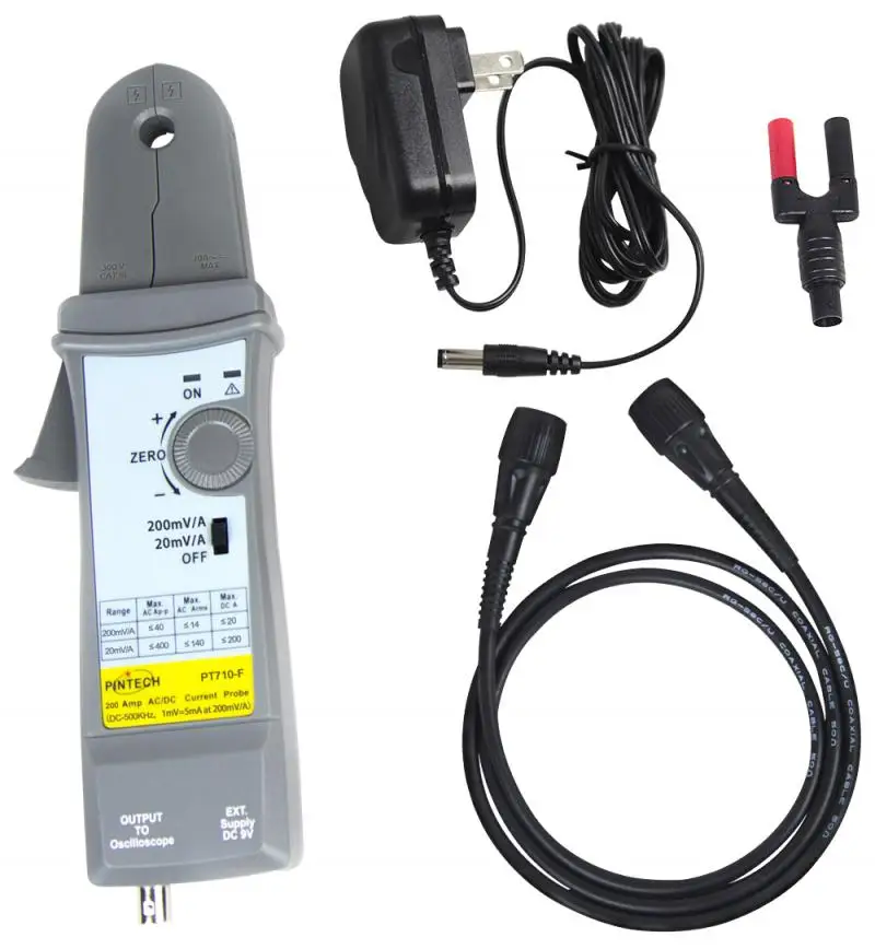 

PINTECH AC/DC Current Probe for Oscilloscope Current Clamp Probe 500kHz 300A, Current Tester Clamp Meter with BNC Type Connector