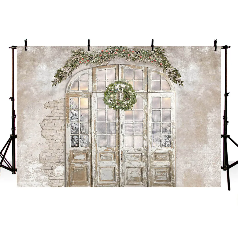 Christmas Background For Photography Decoration Old Cement Brick Wall Wooden Door Wreath Child Backdrop Photo Studio Photozone