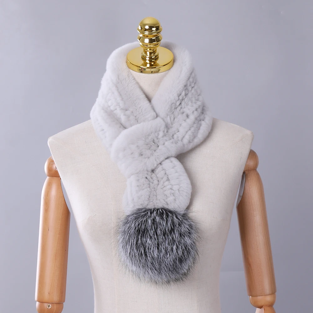 Genuine Women\'s Rex Rabbit Fur Scarf Knitted Fur Scarves Girls Natural Fur Wraps Neck Warmer Silver Fox Fur Pom Poms Neckerchief