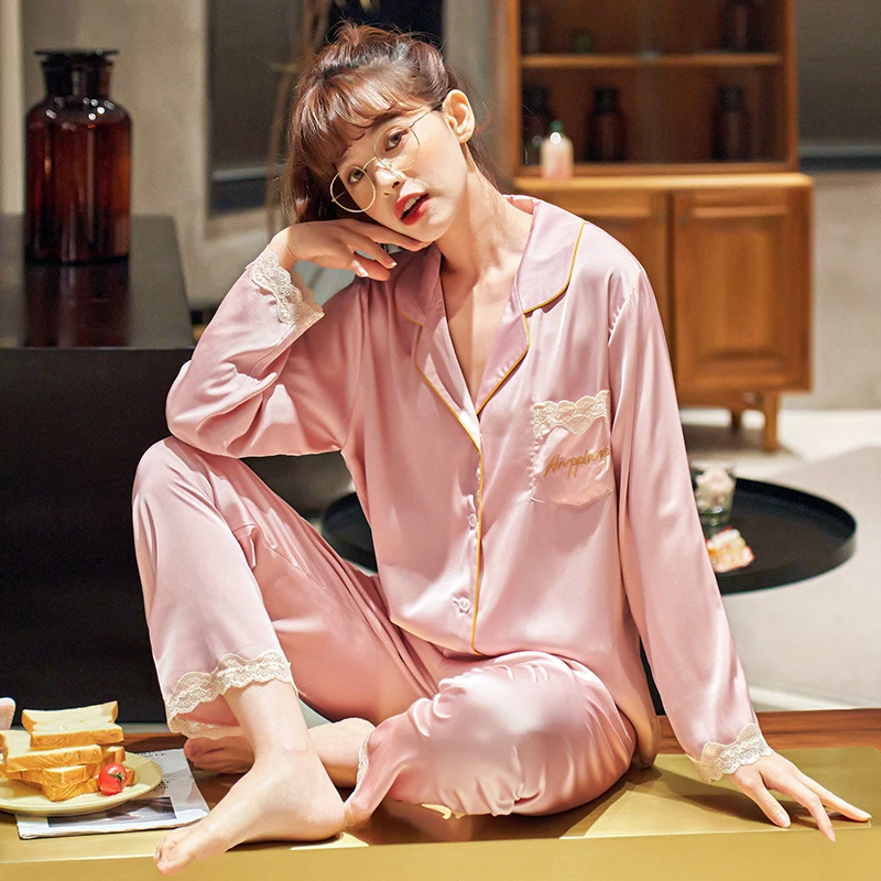 Women Sleepwear set spring autumn Pajamas Lapel buttons silk Sweet Women Sleepwear Set Girl Nightgown long Pant Silk Pajamas Set