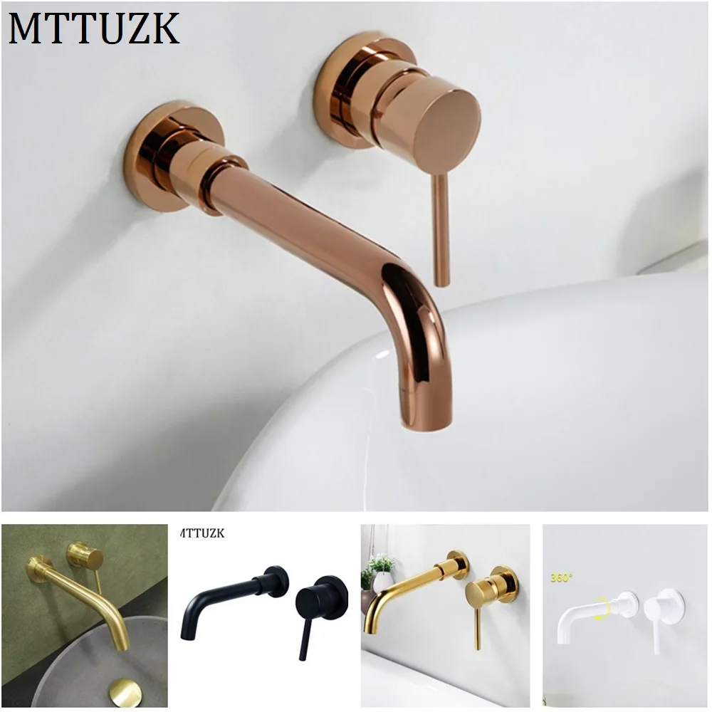 MTTUZK Quality Brushed Gold/Rose Gold/Chrome Matt Black Brass Basin Faucet Hot Cold Mixer Wall Mounted Bathroom Siamese Faucet