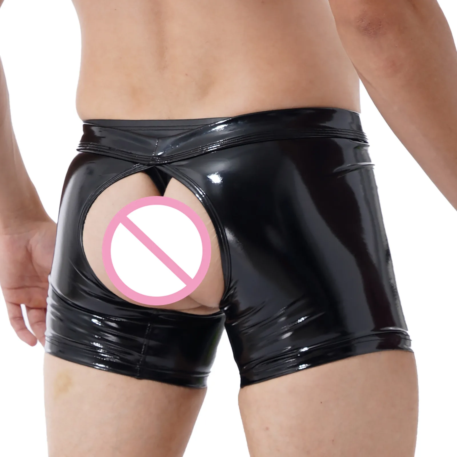 Men Underwear Shiny Metallic Latex Lingerie Erotic Open Butt Boxer Shorts Removable Bulge Pouch Shorts Underpant Boxer Underwear