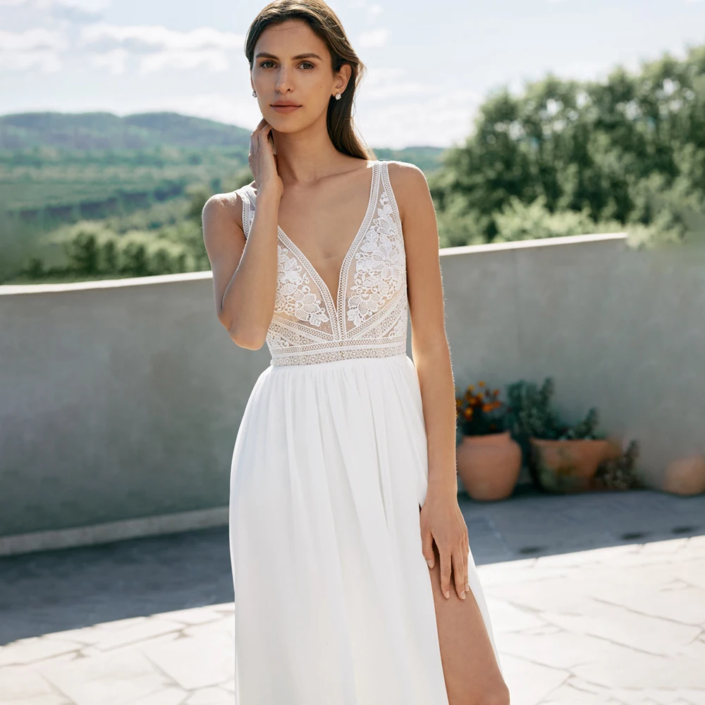 Scollo A V in Chiffon A Line abito da sposa da sposa su misura senza maniche senza schienale spacco alto aperto indietro pizzo Boho Beach abiti da sposa