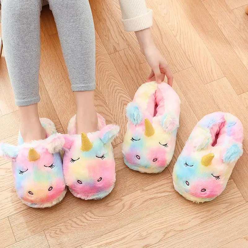 Hot Girl\'s Home Lovely Plush Soft Shoes Women Indoor Warm Colored Cartoon Unicorn Slippers Ladies Funny Furry Comfortable Slides