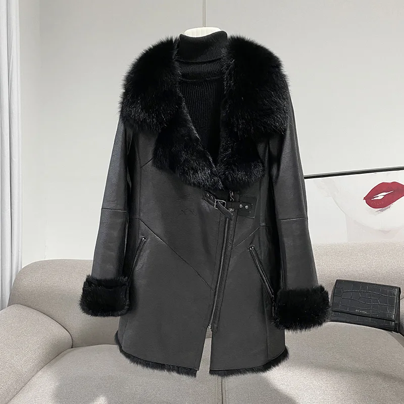 2021autumn and winter new fur mid-length slim-fit fur one-piece female large fur collar temperament is thinner coat trend