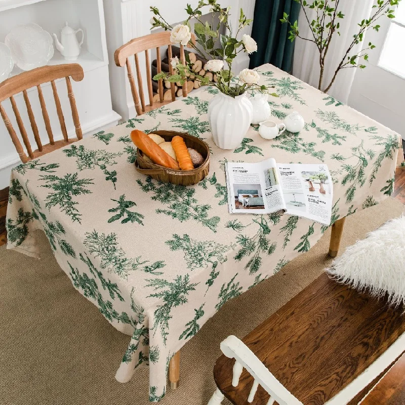 Warm Color American Pastoral Country Green Leaf Tablecloth, Pine Tree Cotton Linen Printing Flower And Bird Coffee Table Cloth