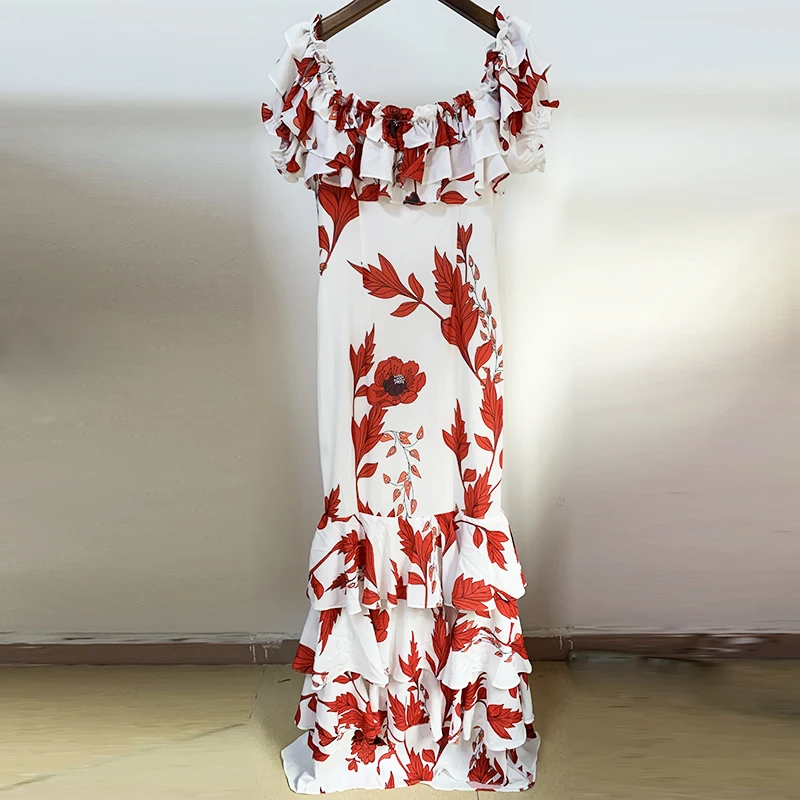 Imagem -04 - Vestido Longo Estampado Floral Feminino Pescoço de Corte Fora do Ombro Babado em Cascata Passarela Designer de Verão Alta Qualidade Mais Novo 2023