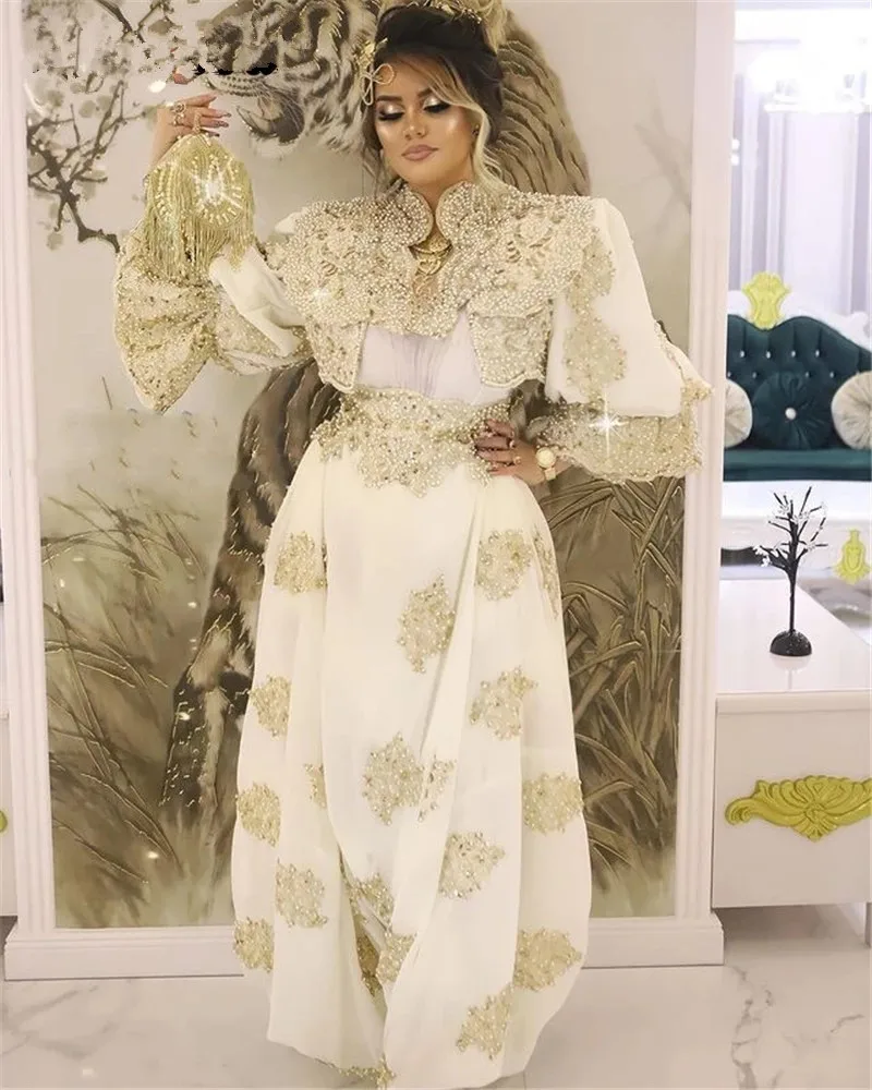 Algeria Caftan Marocain de soirée Bridal Gowns gold lace long sleeve Arabic Traditional Kosovo vestidos Evening Party Dresses