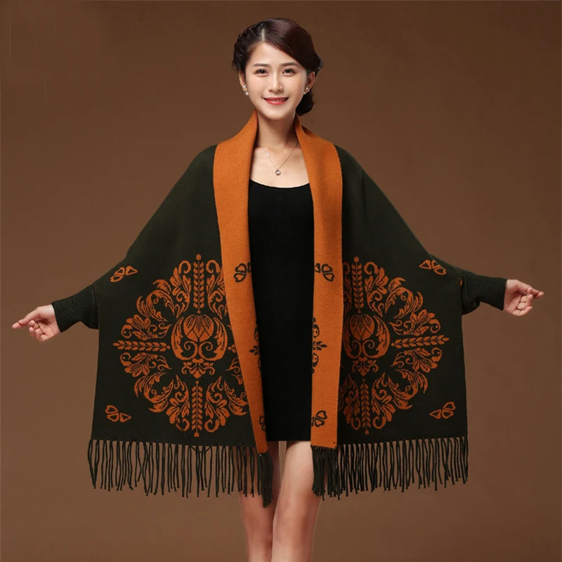 

All-Match Ladies Wearable Tassel Poncho Winter Sleeve Scarf Women Cape Shawl Thick Pashmina Shawls Wraps Reversible Poncho Capes