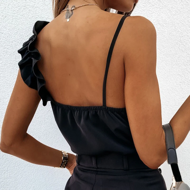 Women Summer Blouses and Shirts Sexy V Neck Ruffles Tops Elegant Backless Strap Office Ladies Sleeveless Casual Solid Blouse