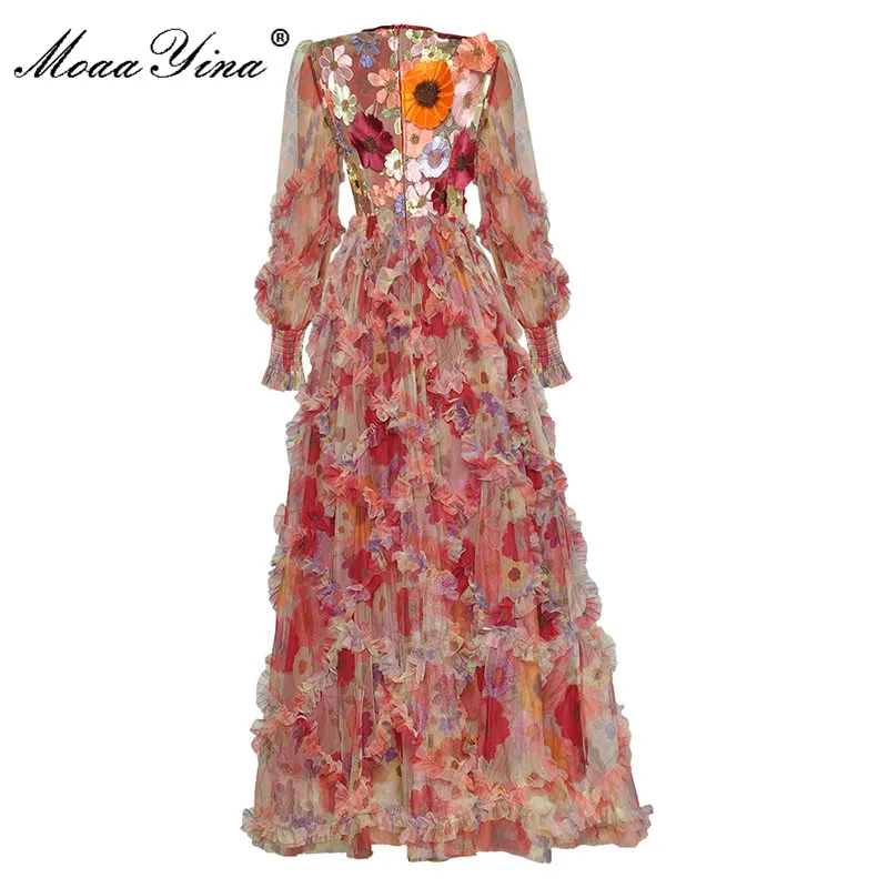 MoaaYina Fashion Designer dress Autumn Women Dress Lantern sleeve Ruffle Flower Embroidery Maxi Vacation Dress