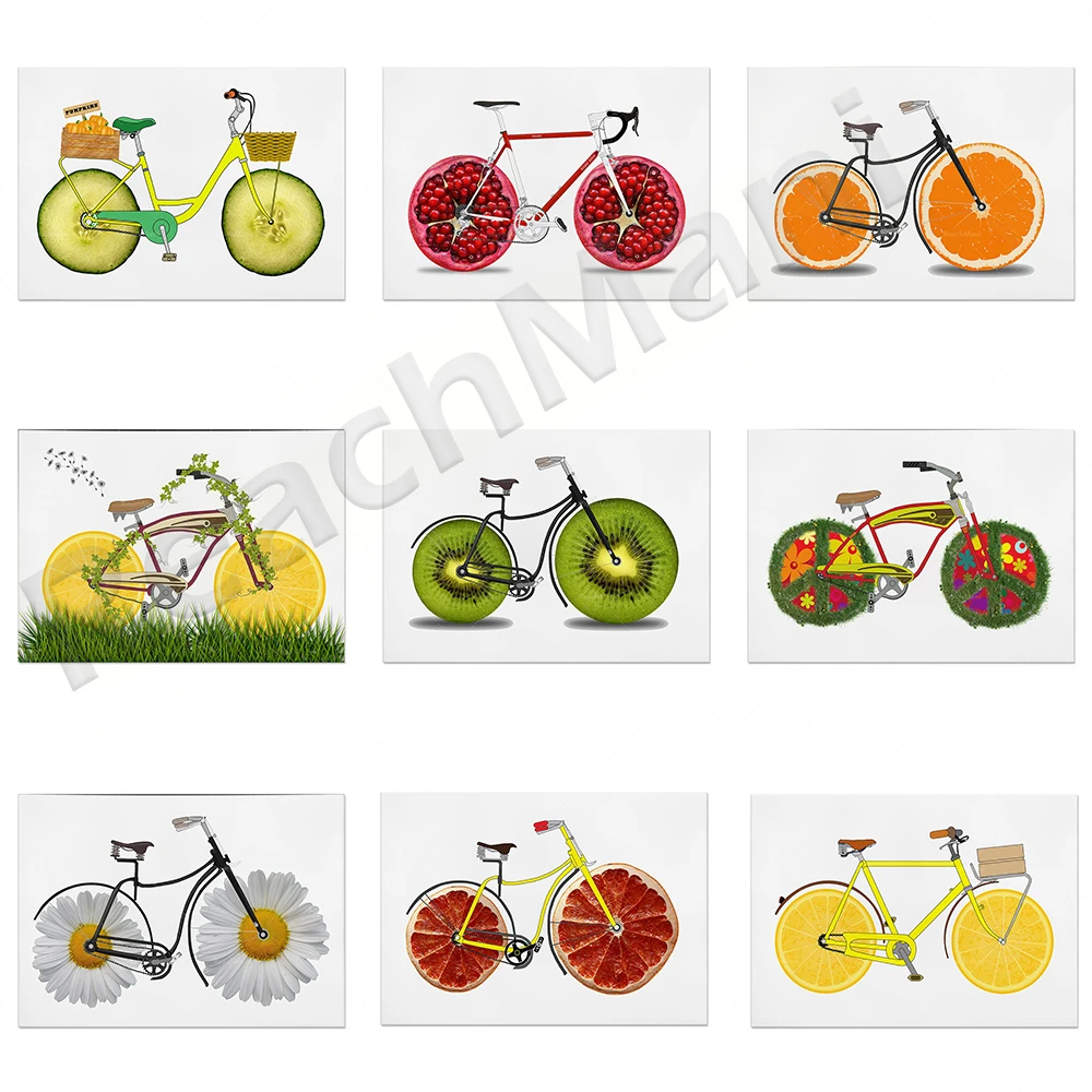 Fruit and vegetable bicycle prints, mountain bike art prints, printable kitchen wall art decoration children’s room posters