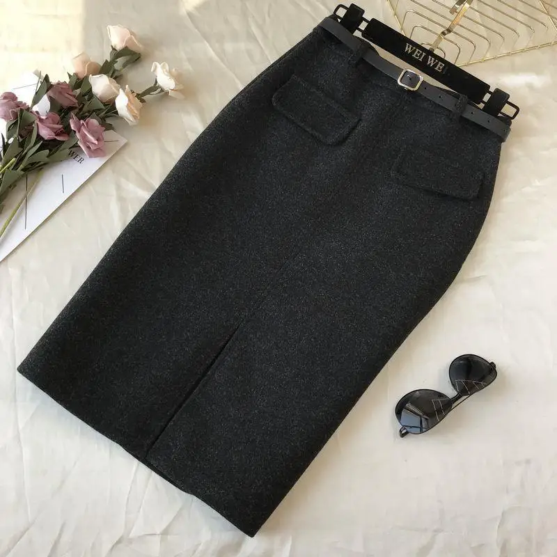 Woolen Skirt Winter Female Long Korean Version of the All-Matching Slim Fit Slimming Slit Hip Skirt Mujer Faldas