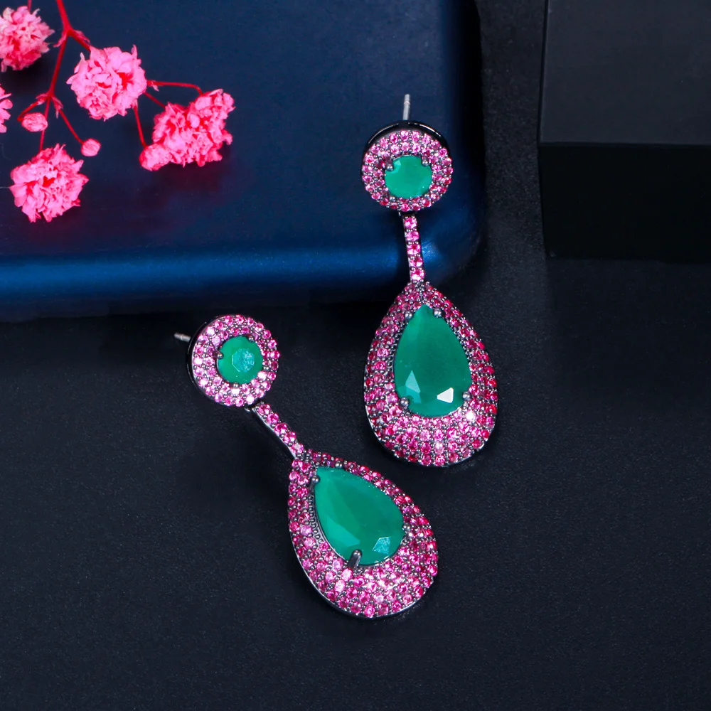 CWWZircons Elegant Micro Pave Hot Pink Cubic Zirconia Green Dangle Water Drop Engagement Party Earrings for Women Jewelry CZ868