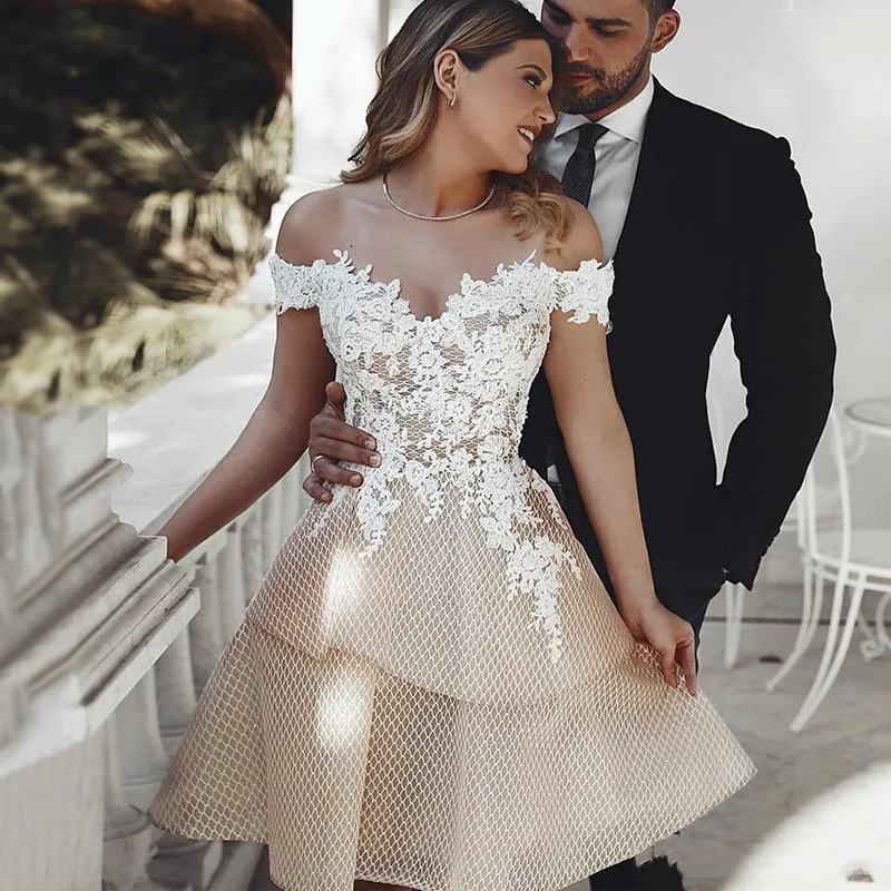 vestido de noiva Off the Shoulder Prom Dress Short Champagne Appliqued Lace robe de mariée Knee Length Backless свадебное платье