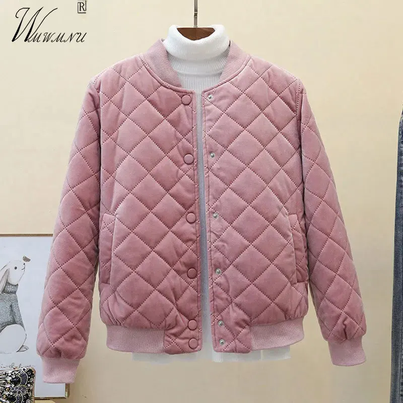 

Short Velvet Bomber Quilted Jacket Women Fall Winter Casual Thick Coat Argyle Pink Parka Street Single Breasted Cotton Chaqueta