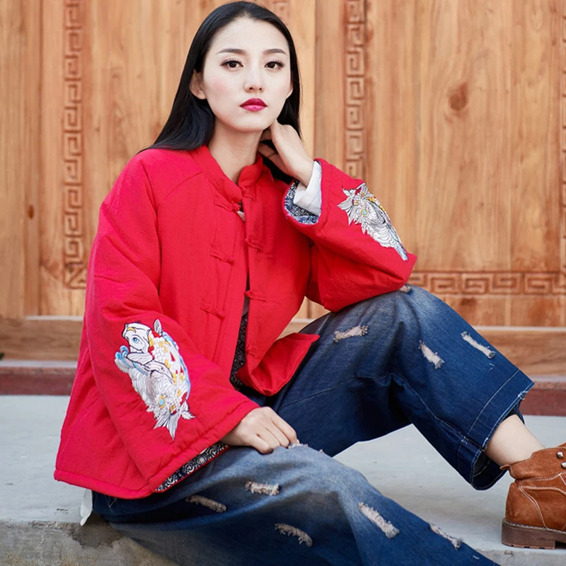 LZJN-Chinese Style Cotton Padded Coats for Women, Embroidered Tang Suit Jackets, Early Winter