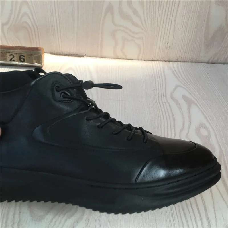 Mens Genuine Leather Active High-Top Cowhide Round Toe Elastic Band Breathable Waterproof Outdoor Black Warm Casual Shoes