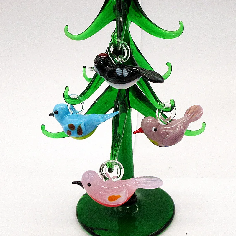 Handmade Murano Glass Crafts Christmas Tree Figurines Ornaments Home Decor Christmas Tree with Mini 12 Bird Pendant Accessories
