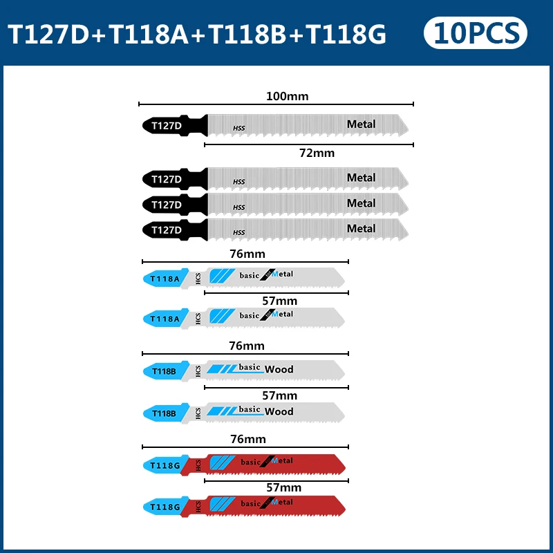 Jig Saw Blade 10pcs T-Shank Jigsaw Blade for Wood Cutting HCS Steel Saw Blade T127D T118A T118B T118G