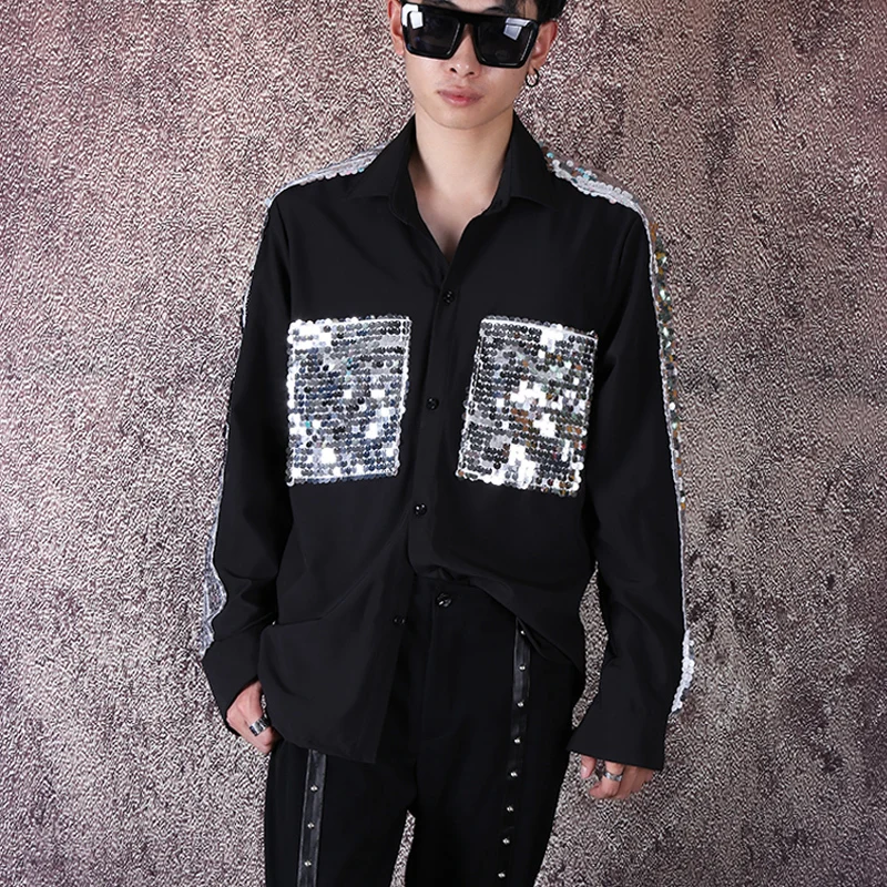 Hop Streetwear Hip Punk Gothic Shirts Singer Stage Show Costumes Men Long Sleeve Sequins Splice Loose Casual Black Shirt Male