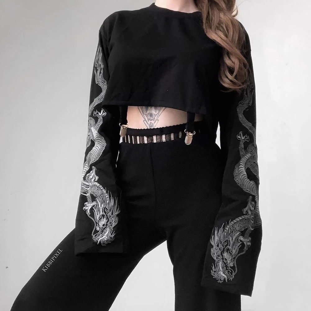 Brand New Spring Autumn Women Long Sleeve T-Shirts Diablo Series Dragon Print Warm Crop Top Pullover Loose Sweatshirt Fashion