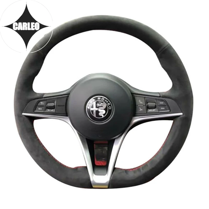 DIY Car Steering Wheel Cover for Alfa Romeo Giulia Genuine Suede Leather Custom Red Thread Hand Stitching Holder Top Layer Wrap