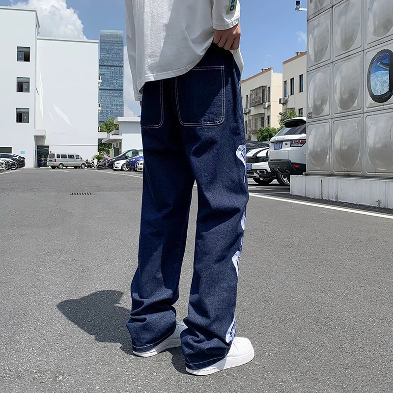 Jeans Men Skeleton Baggy Casual Jean Pants Mens Japan Style Streetwear Wide Leg Denim Trousers Male Vintage Blue Denim Pants