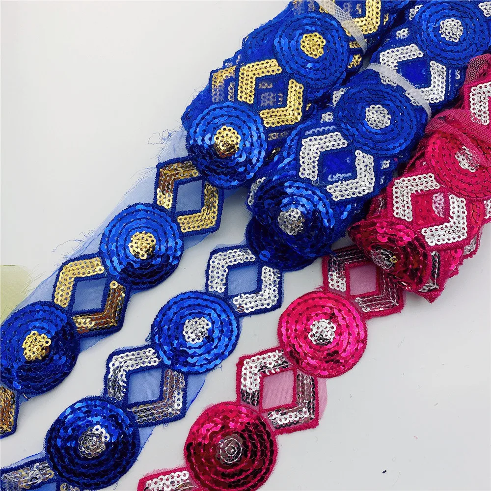 20 Yards Hot selling Sequins  Lace Ribbon African Embroidered Flower Trim  Iron On Fabric Diy Clothes  in stock