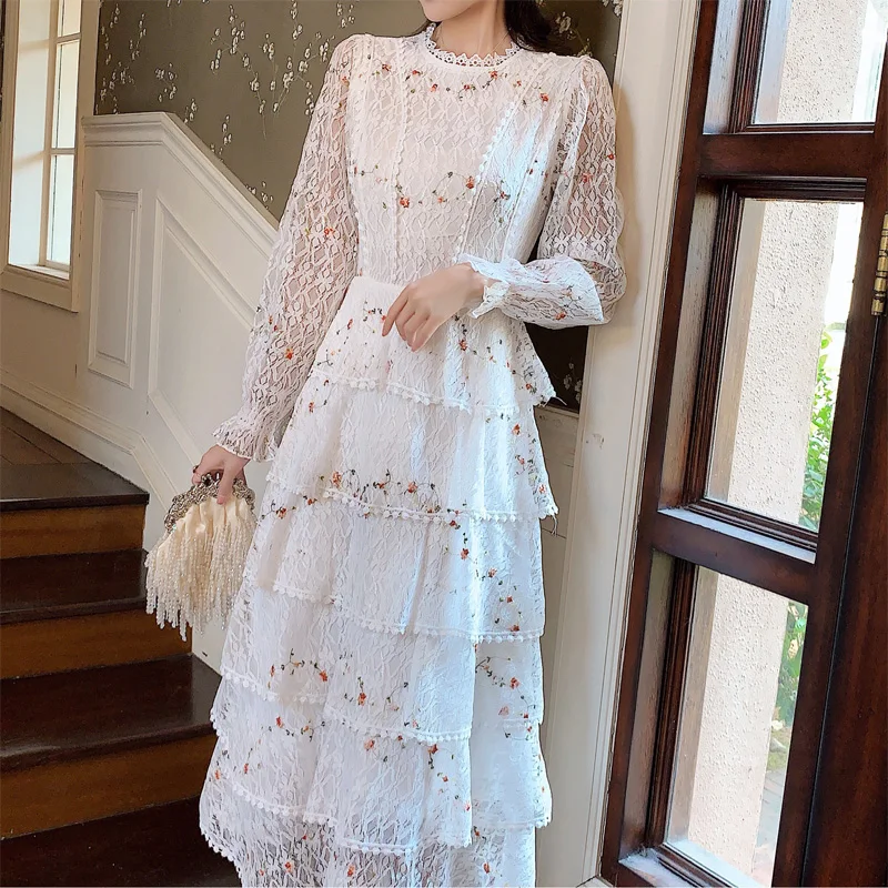 JSXDHK Vintage Layer Ruffles Lace Maxi Dress Runway Spring Women White Floral Embroidery Long Dress Hollow Out Cake Party Dress