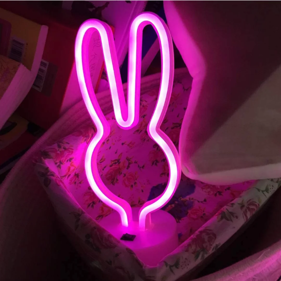 LED Rabbit Neon Night Lights for Home Decor, Creative, Sign Lamp with Pedestal, USB Powered, Night Lamps, Christmas Decor