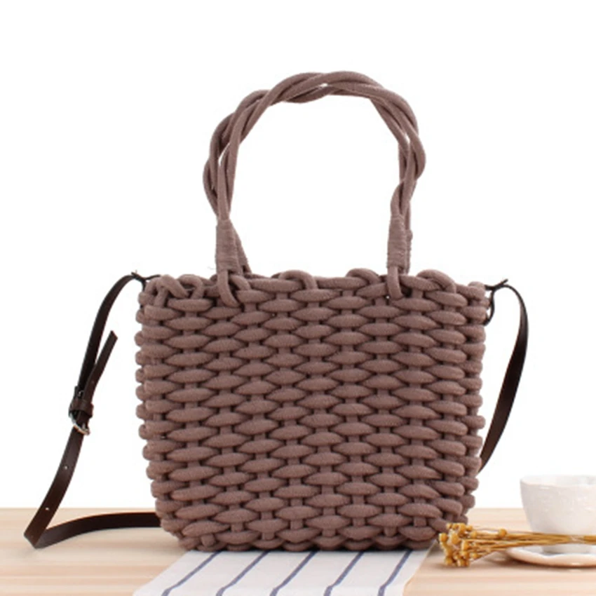 

College wind straw bag beach hand-made thick cotton rope woven bag oblique cross-handle shoulder shoulder wild vacation handbag