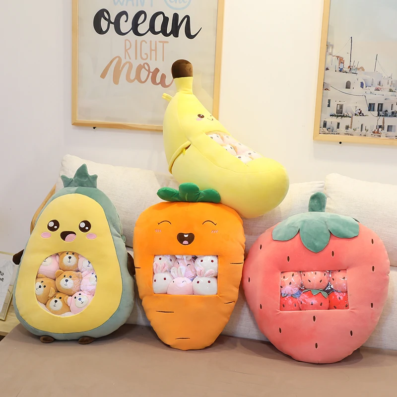 Sac de jouets pour enfants, 8 pièces, oreiller en peluche doux en forme de Fruit, fraise, avocat, banane, cadeau d'anniversaire et de noël pour filles
