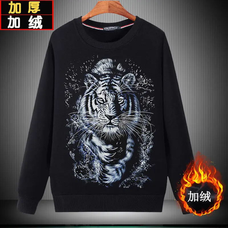 Autumn and winter men's clothing plus velvet padded round neck top 3D animal dragon long-sleeved plus size fat clothes