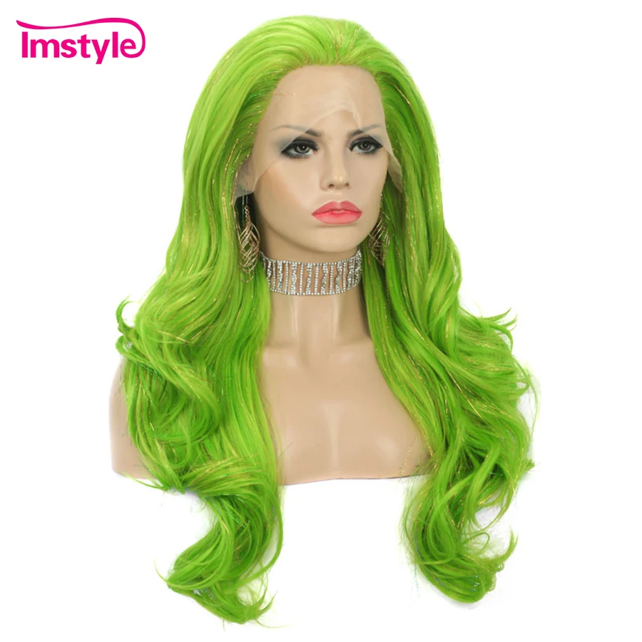 Imstyle Tinsel Wig Synthetic Lace Front Wigs Green Purple Red Wig For Women Glitter Hair Party Wig Long Natural Wavy Wig