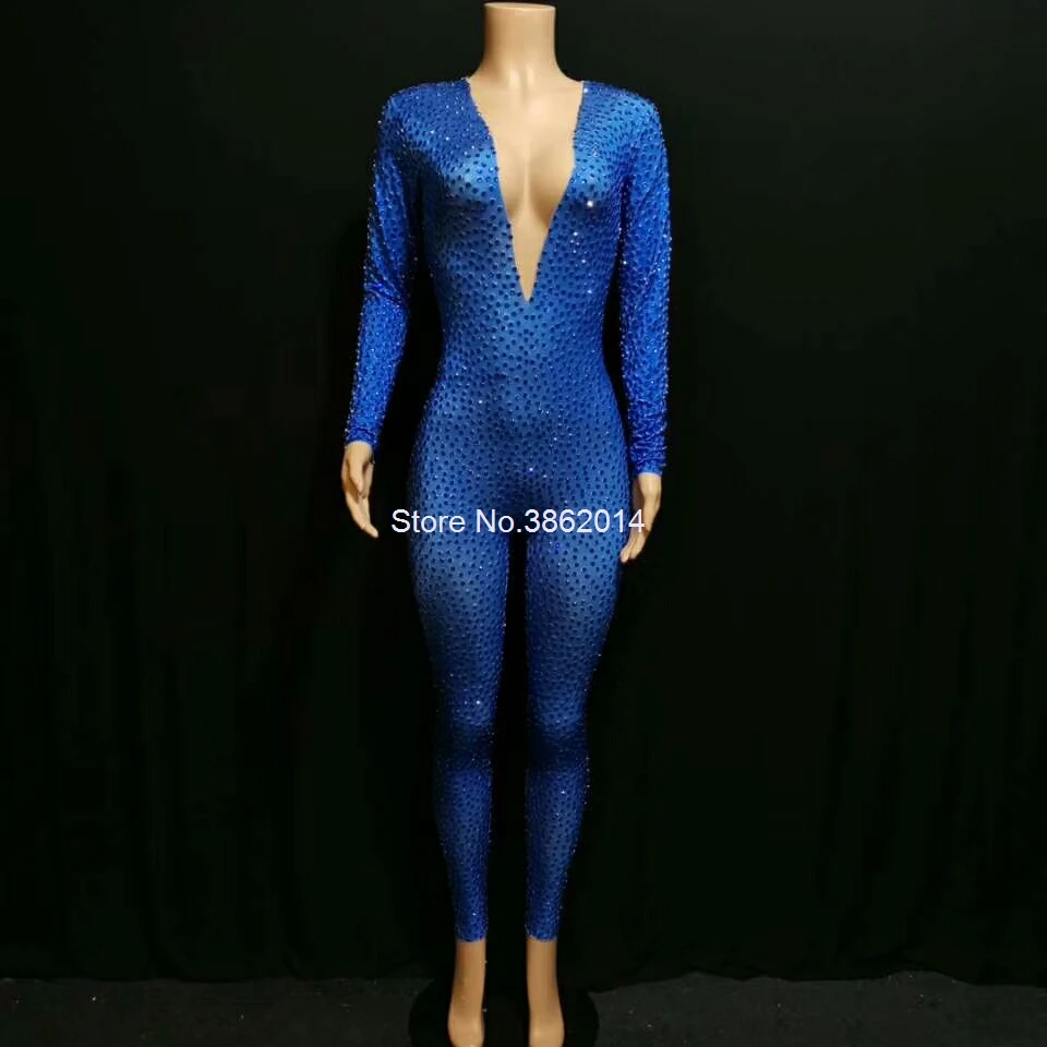 Sparkly Full Blue Rhinestones Jumpsuit Women One Piece Stretch Bodysuit Nightclub Party Outfit Singer Dancer Performance Costume