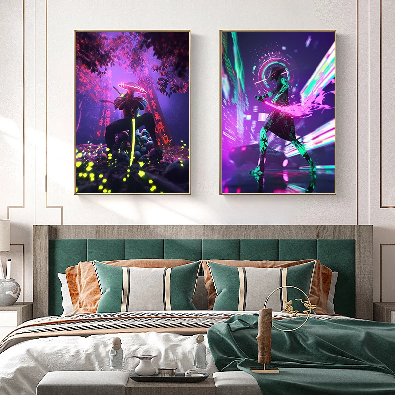 Neon Japanese Samurai Poster Ninja Prints Canvas Painting Wall Art Pictures Modern Wall Art Pictures for Living Room Decoration