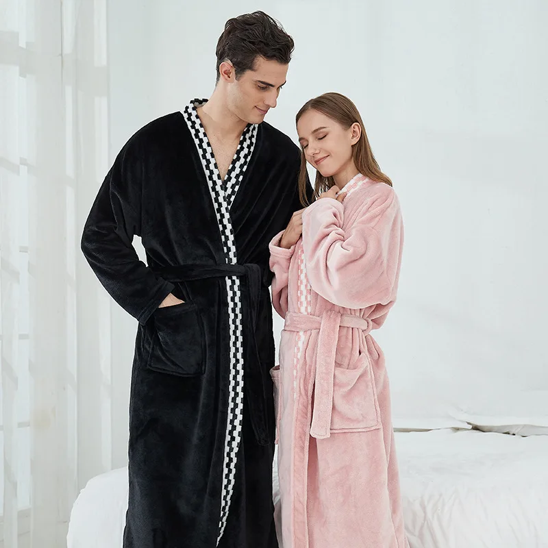 Large Size Male Sleepwear Flannel Kimono Gown Nightgown Casual Winter Warm Bathrobe Homewear Long Couple Nightwear Home Clothes