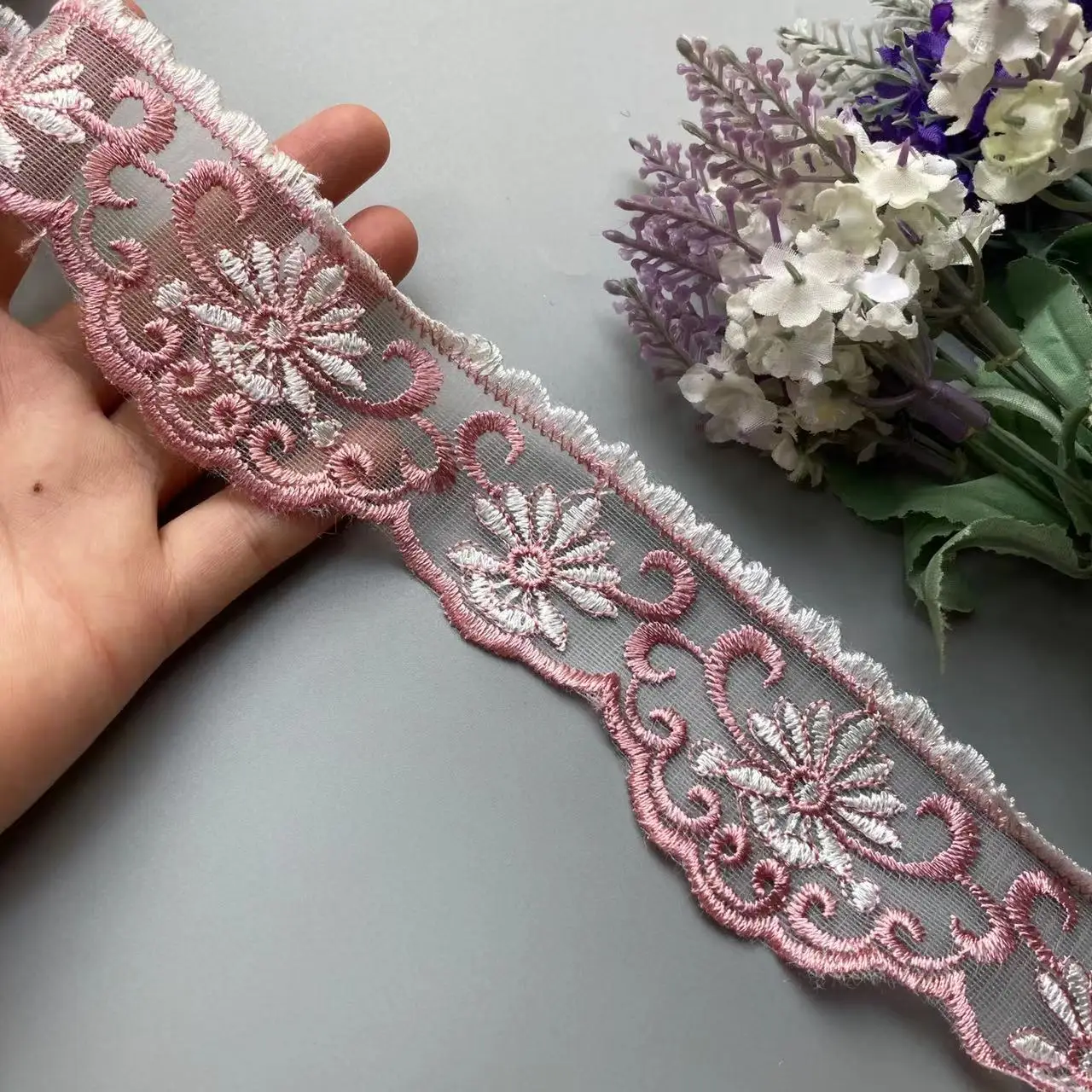 3 yard Pink Embroidered Flower Lace Ribbon Trims for Home Textiles Sofa Covers Trimmings Mesh Applique Sewing Fabric 19cm 5cm