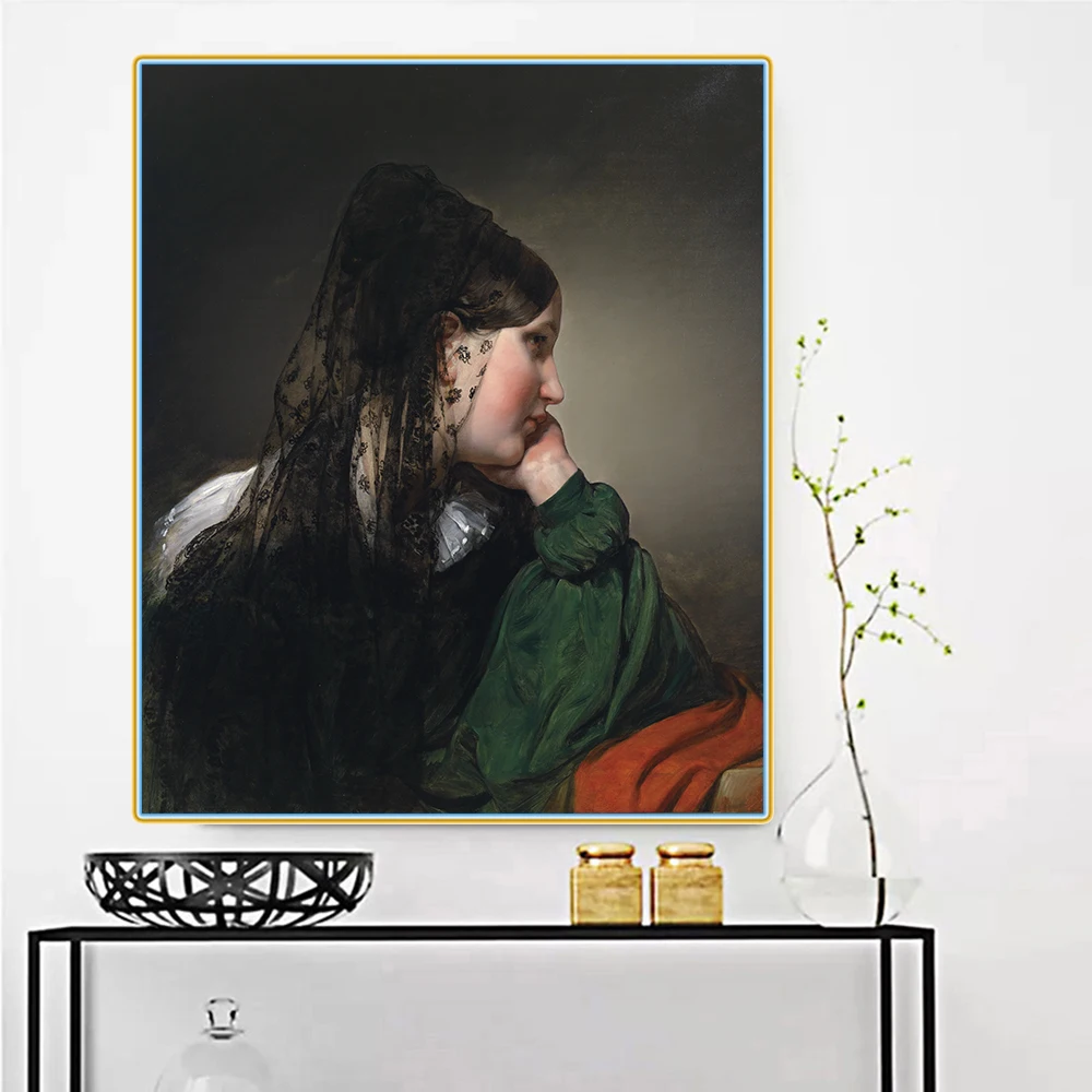 

Friedrich Von Amerling " Profile Portrait of a Girl with Black Mantilla " Canvas Oil Painting Picture Home Interior Decoration
