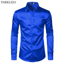 Chemise en Satin de soie bleu Royal pour hommes, marque de luxe, coupe cintrée, pour fête de mariage, décontractée, nouvelle collection 2023