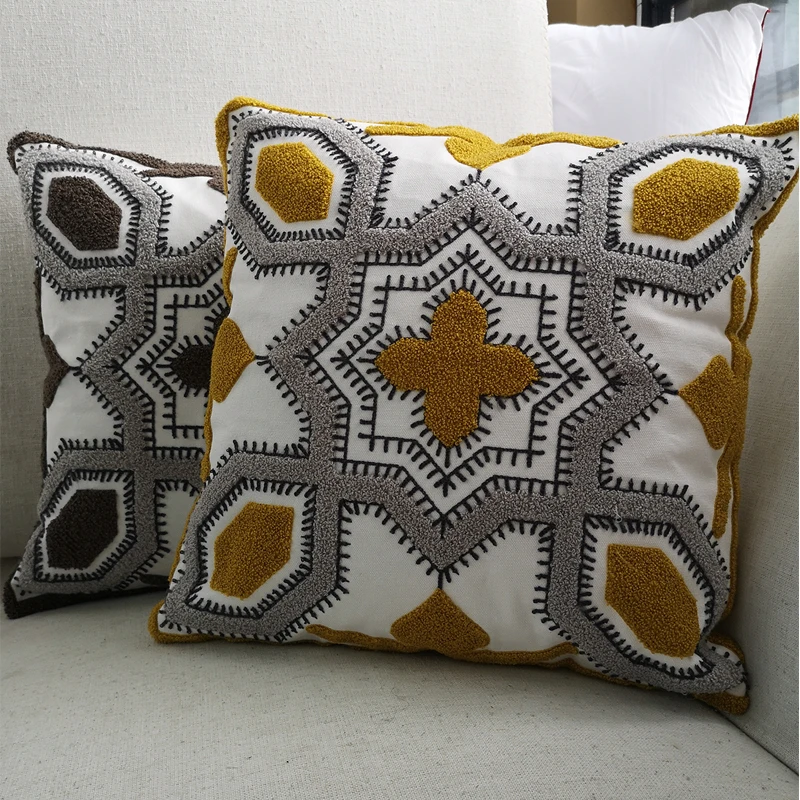 

Emboridery Cushion Cover Coffee Yellow Grey Geometric Pillow Case ForHome Decorative 45x45cm Sofa Bed Living Room Bed Room