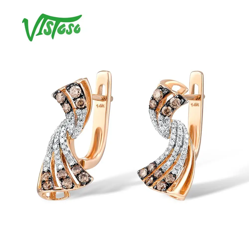 VISTOSO 14K 585 Rose Gold Earrings For Lady Glamorous Sparkling White and Brown Diamond Earrings Luxury Engagement Fine Jewelry