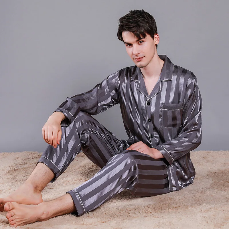 Men Stripe 2PCS Pajamas Sets Satin Short Sleeve&Pant Pyjamas Sleep Suit Sleepwear Nightwear Summer Lounge Home Clothes L-3XL