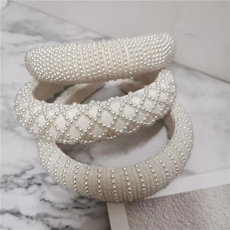 Europe and The United States explode bride pearl hair band wide edge white simple hand woven Korean version rhinestone hair band