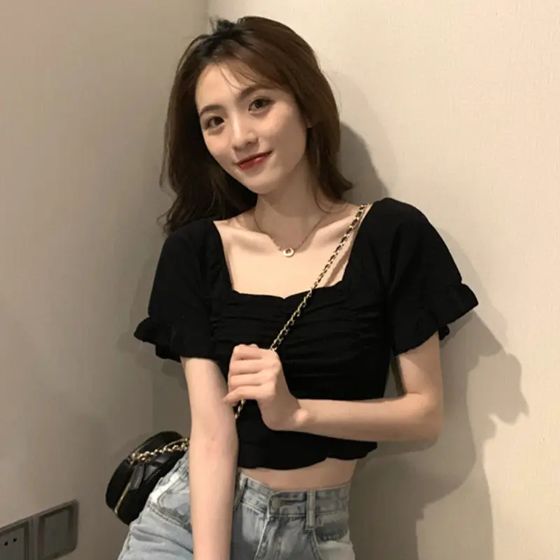 Gestrickte Modische Bluse Damen Rüschen Jugendlich Elegant Sommer Crop Top Sexy Figurbetonte Bluse Kurzarm – Detail 7