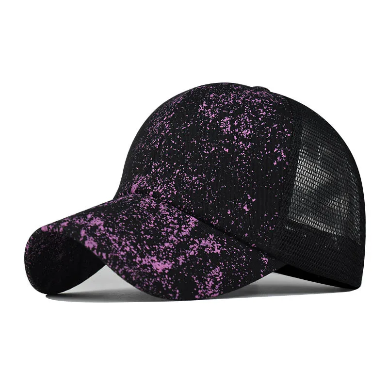 Women Color Printing Fashion Breathable Ponytail Baseball Cap Casual Summer Snapback Hat Purple trend Satin Mesh hat