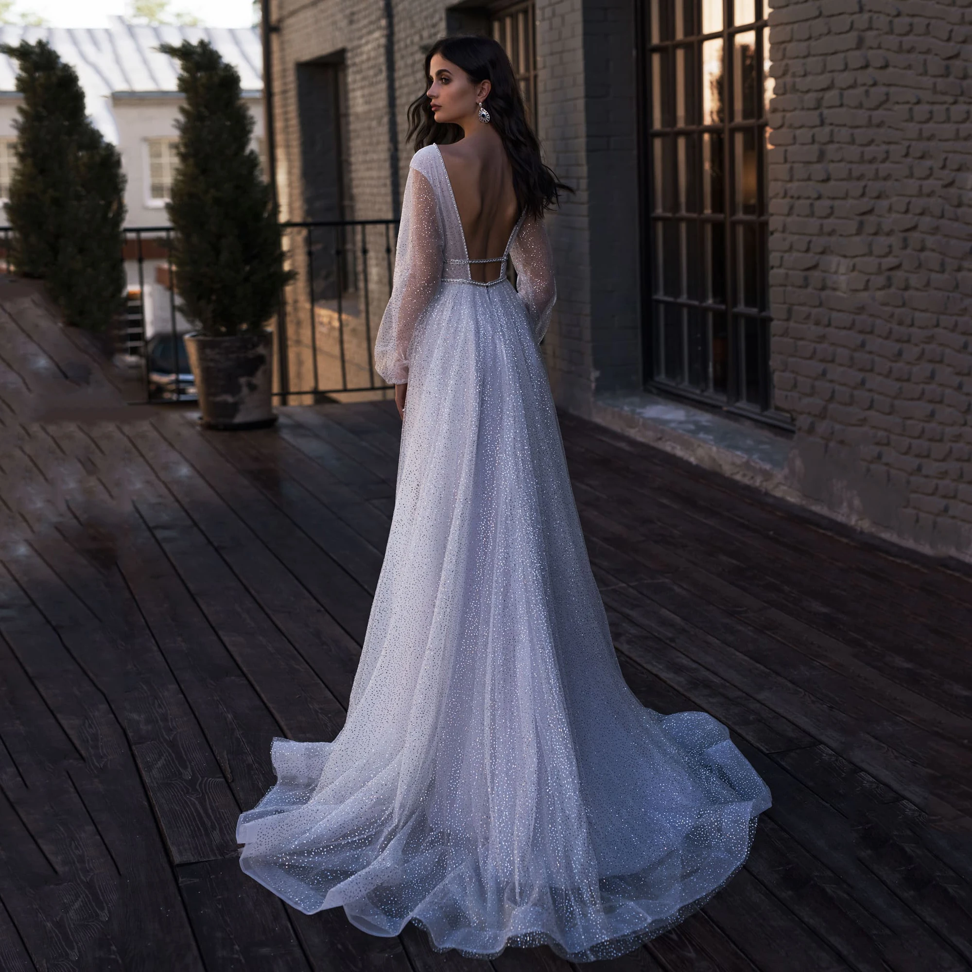 Puffy Long SLevee Wedding Dress Beaded V Neck Backless Sequined Tulle Floor Length Simple Bride Dress 2020